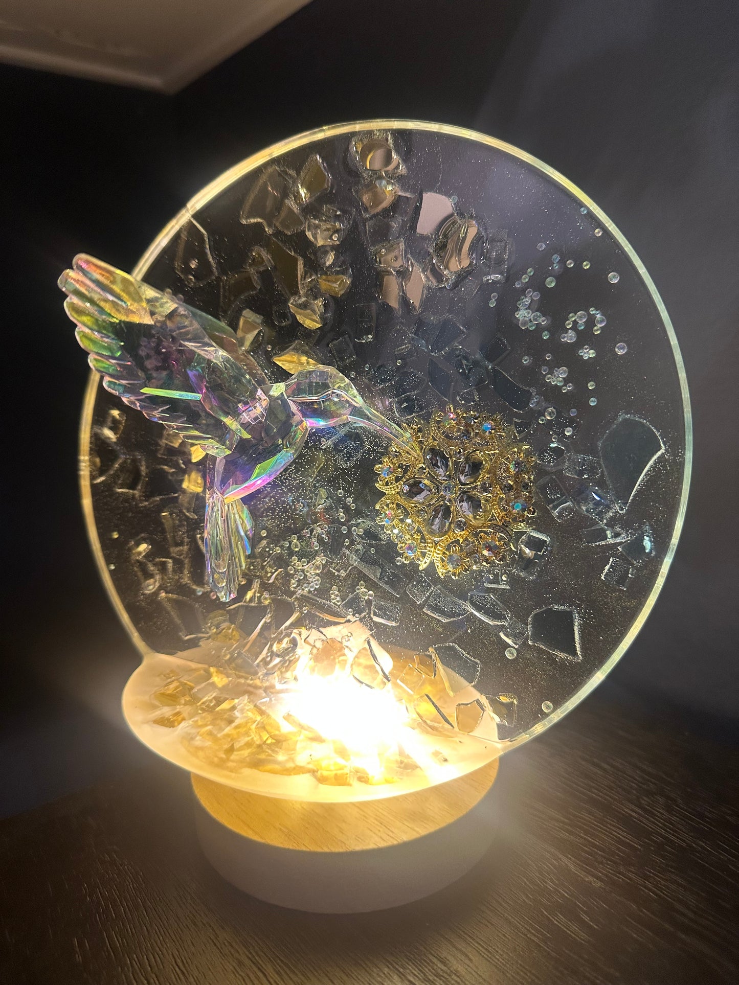 Iridescent Hummingbird Luminescent Circular Sculpture
