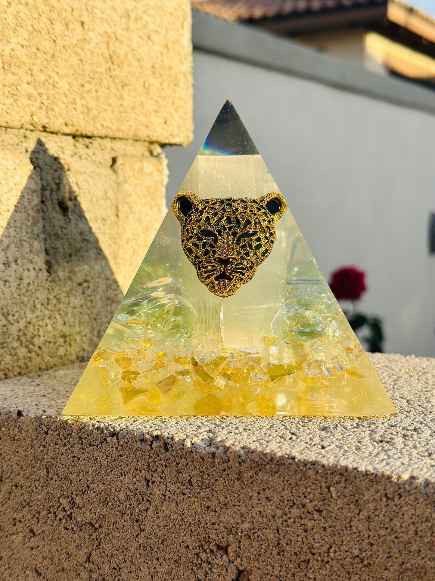 Black Cheetah Selenite Golden Pyramid