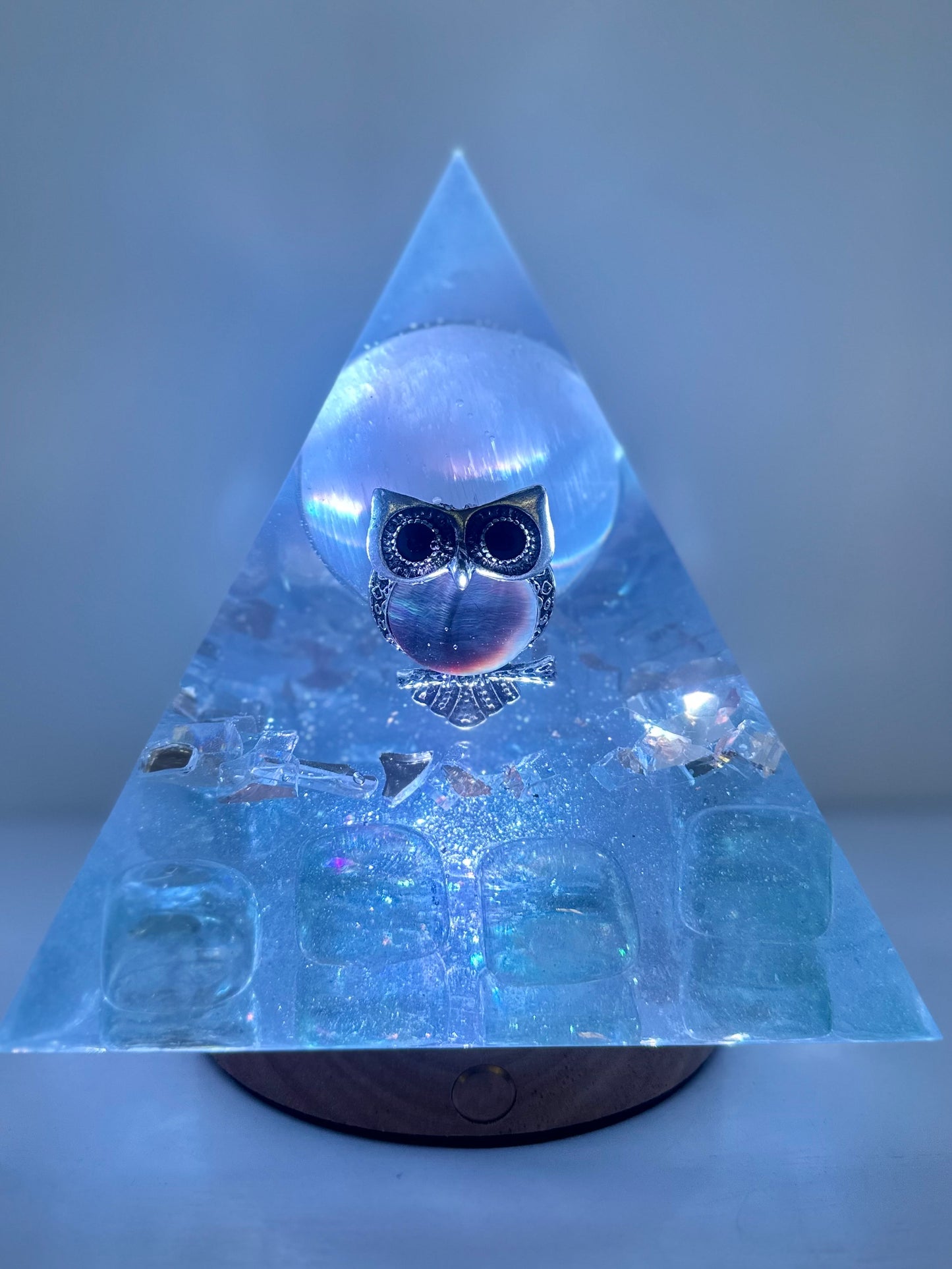 Full Selenite Moon Opalescent Owl Pyramid