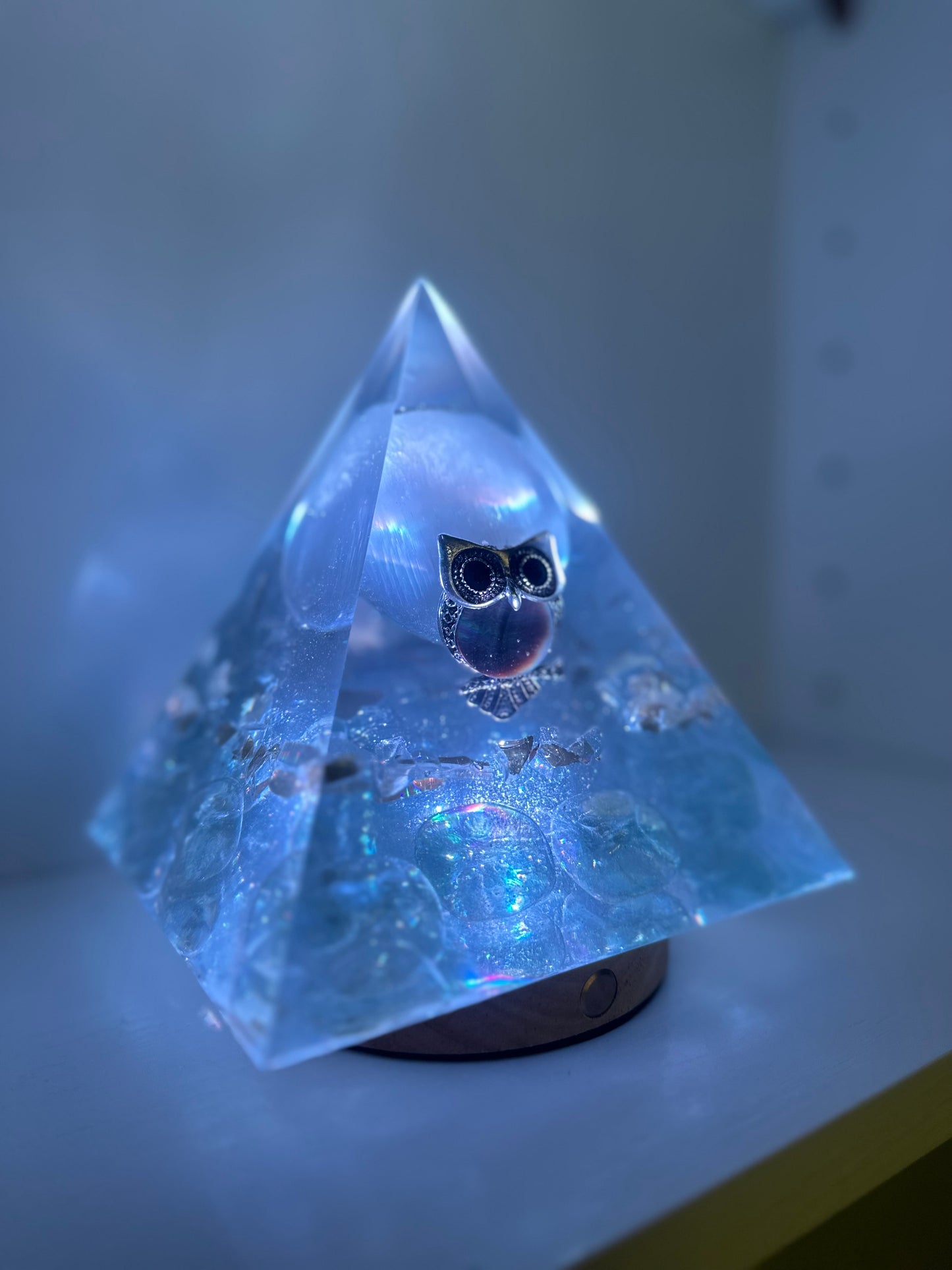 Full Selenite Moon Opalescent Owl Pyramid