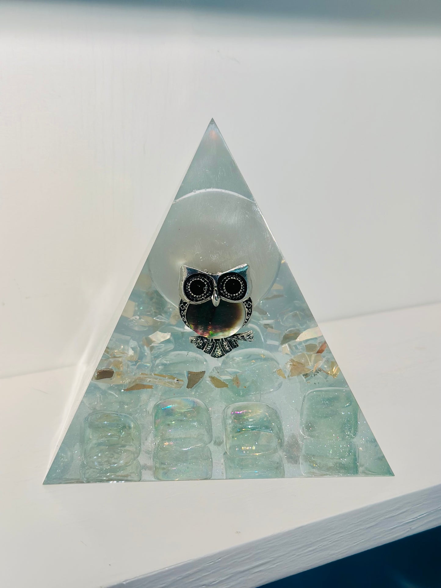Full Selenite Moon Opalescent Owl Pyramid