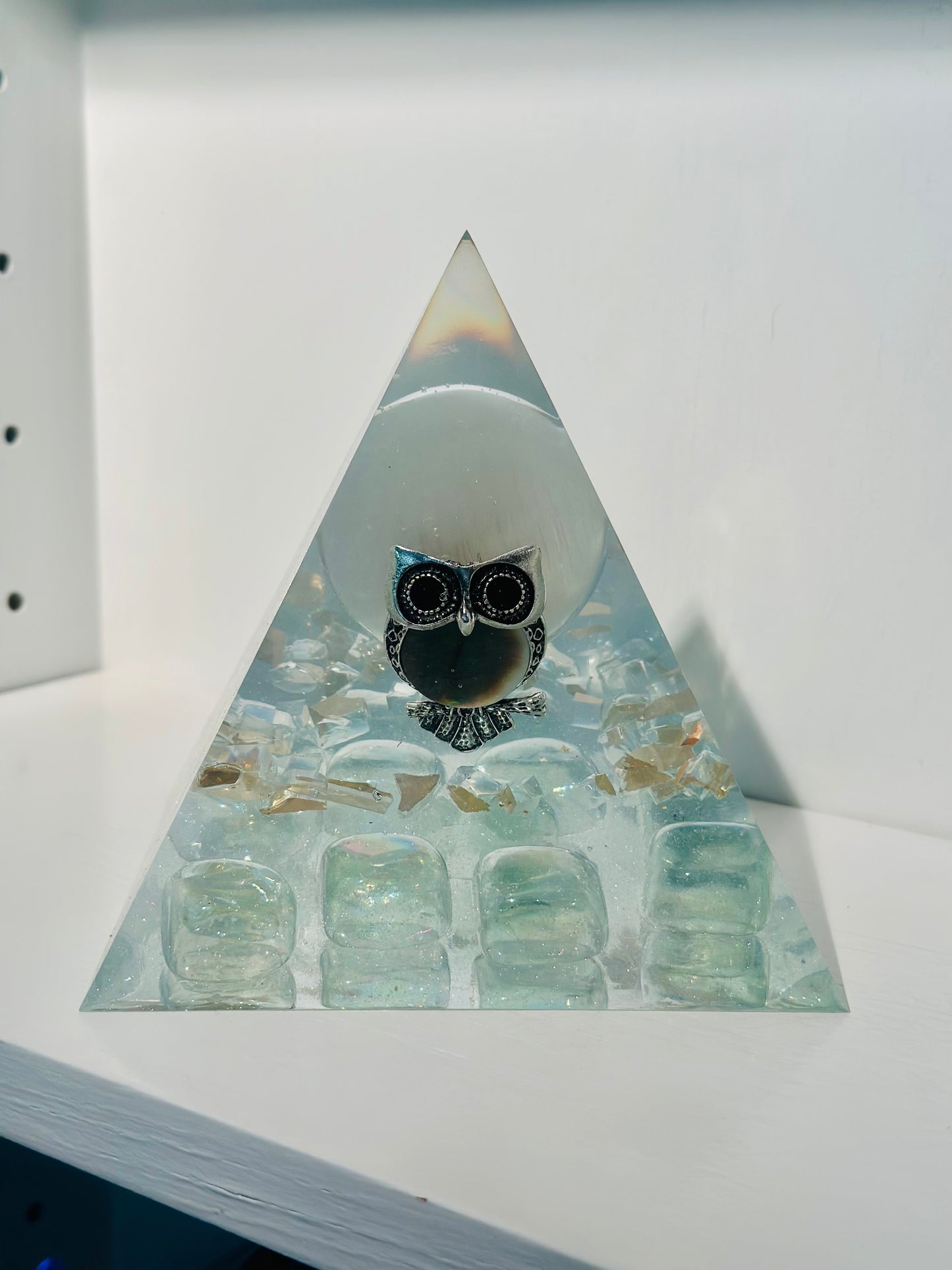 Full Selenite Moon Opalescent Owl Pyramid