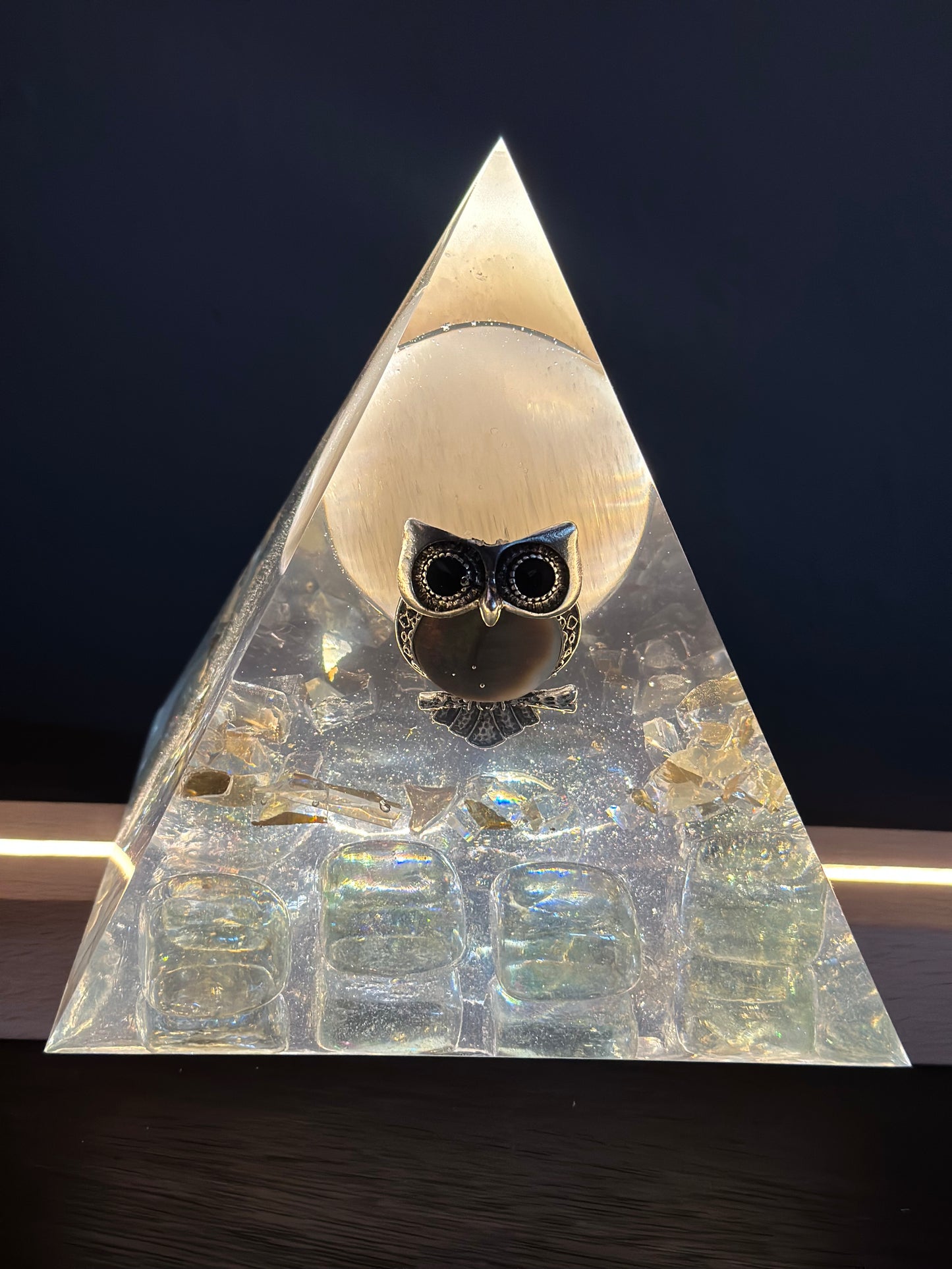 Full Selenite Moon Opalescent Owl Pyramid