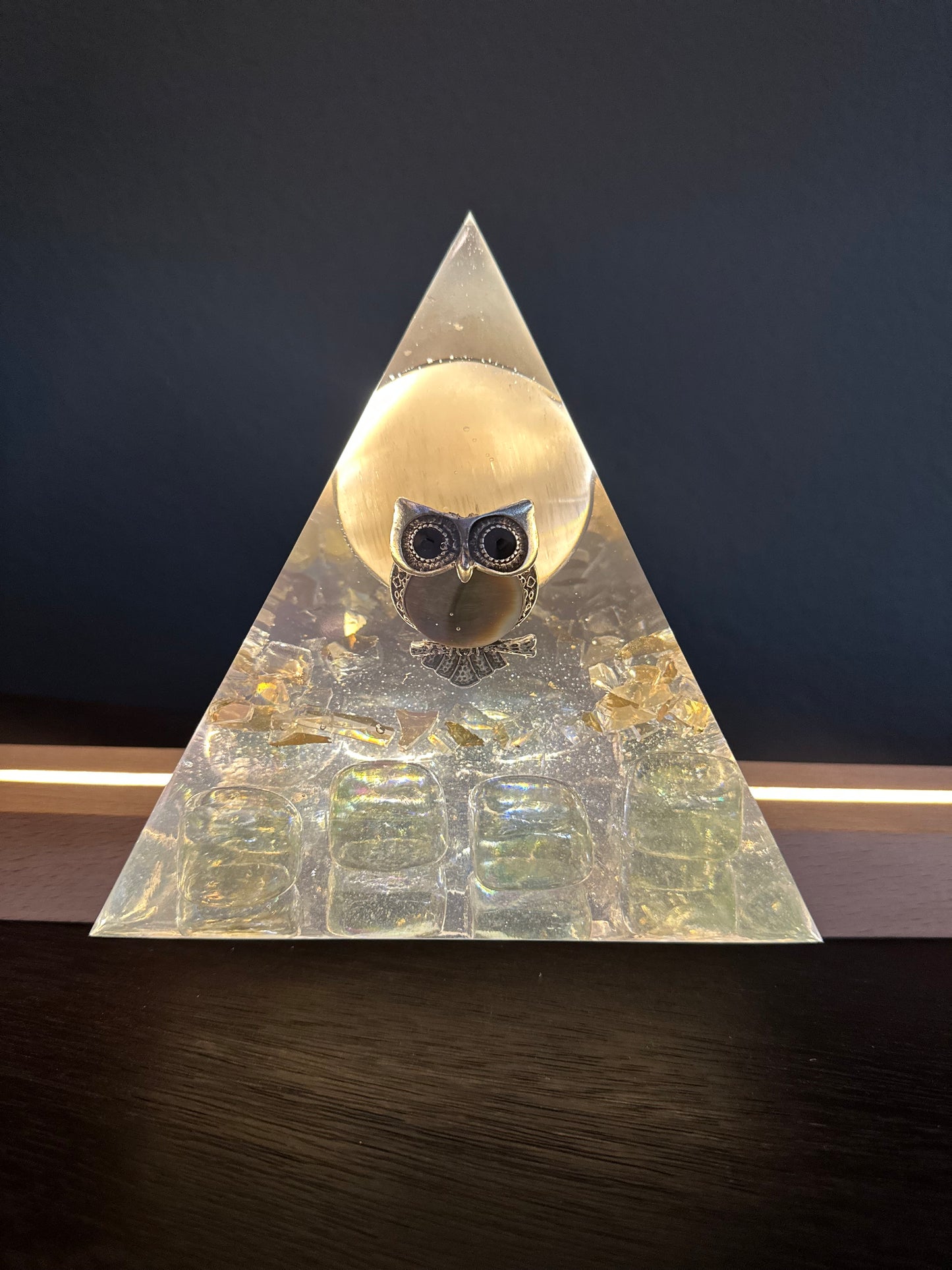 Full Selenite Moon Opalescent Owl Pyramid