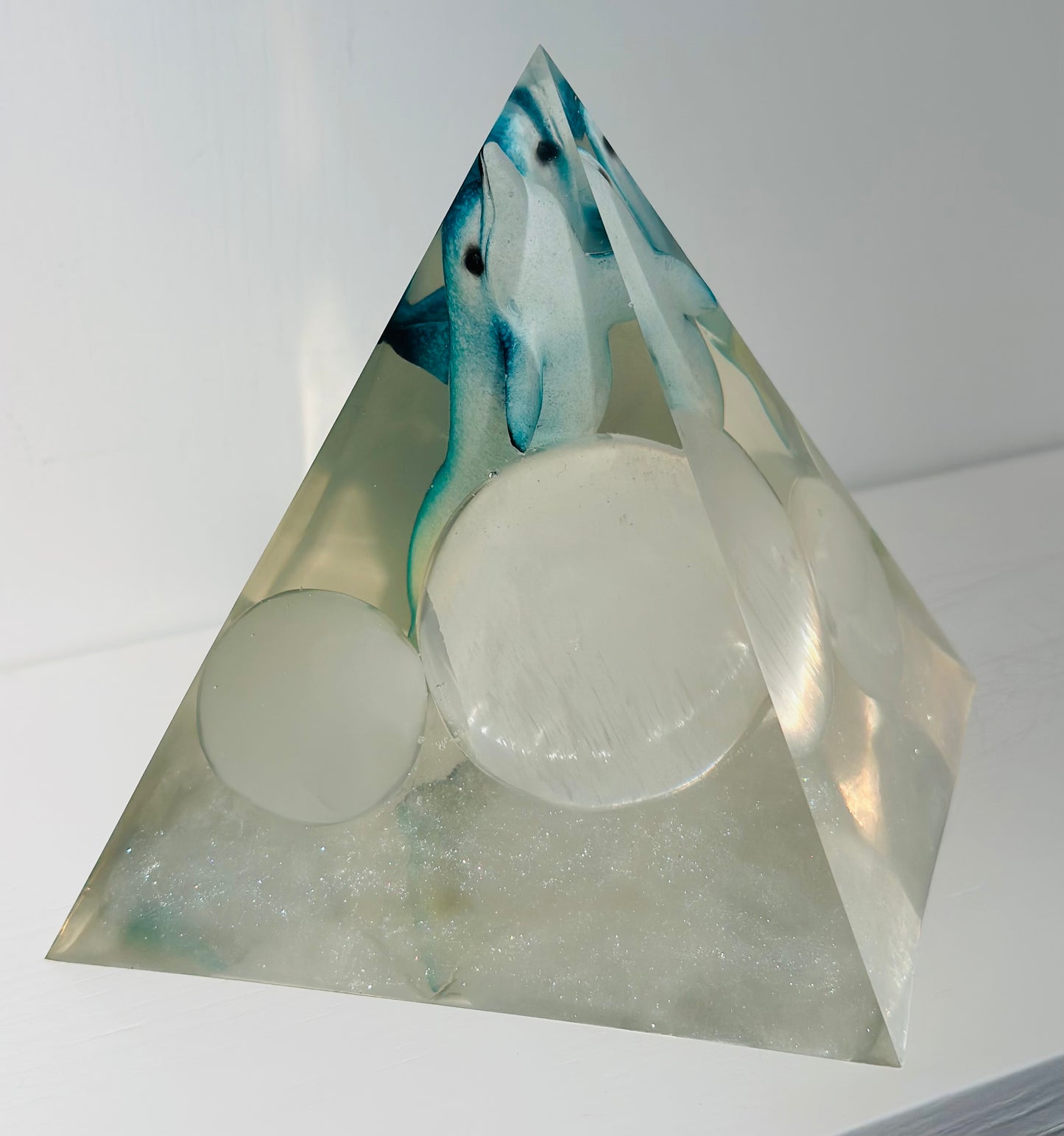 Triple Selenite Sphere Baby Blue Dolphin Pyramid