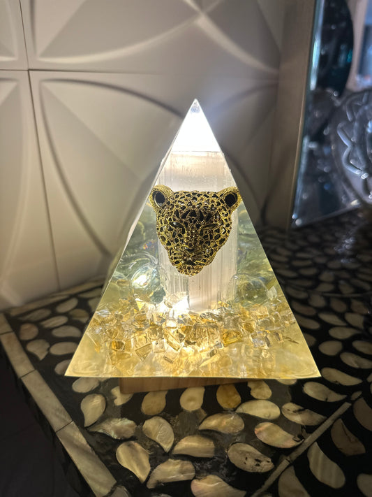Black Cheetah Selenite Golden Pyramid